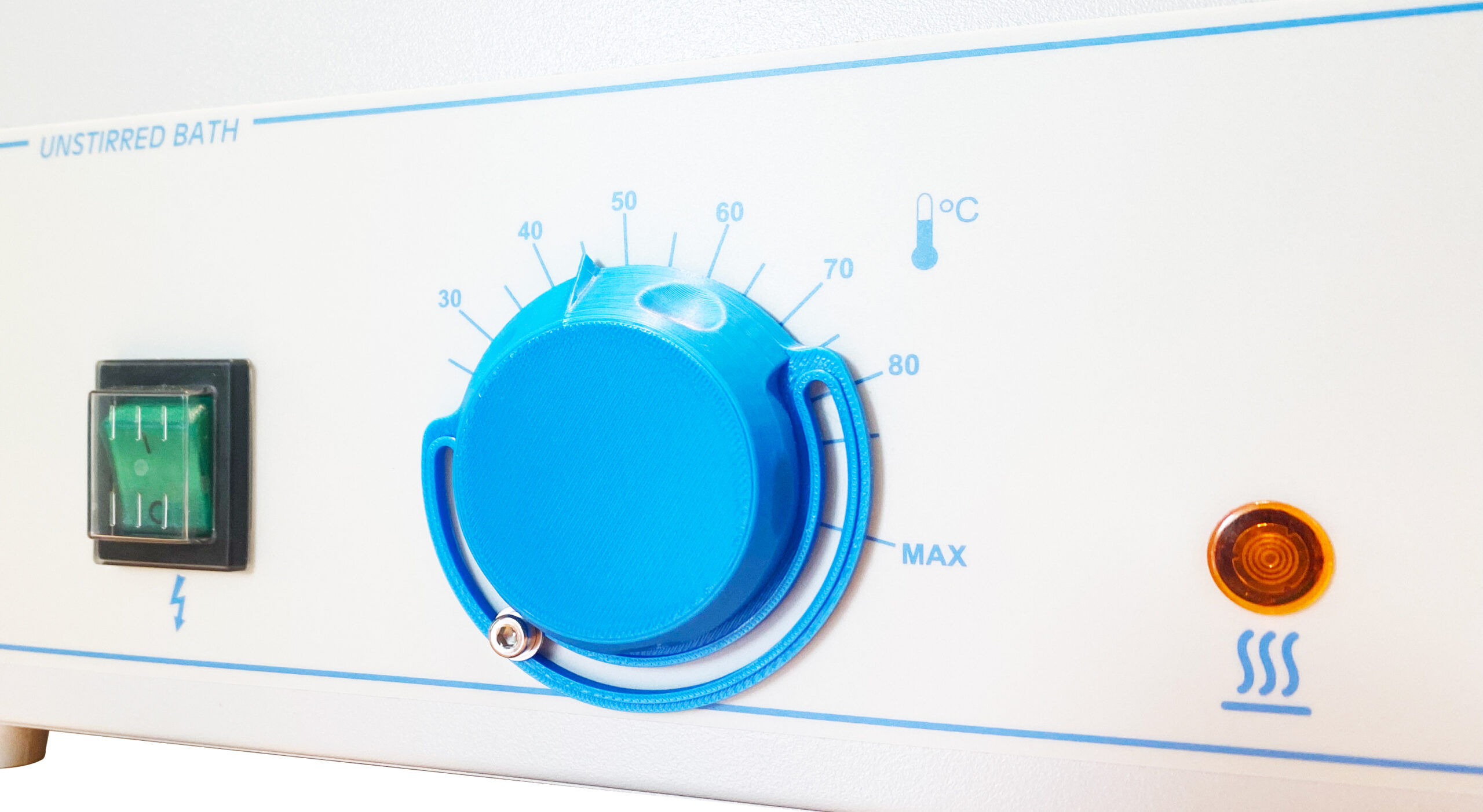 Close-up image of the lockable temperature dial on the water bath